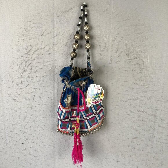 Consuela Bag Womens Blue Pink Drawstring Pouch Beaded Strap Tassel Boho Mirror - Picture 1 of 16